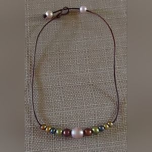 New Handmade Neutral Pearl & Dark Brown Leather Necklace